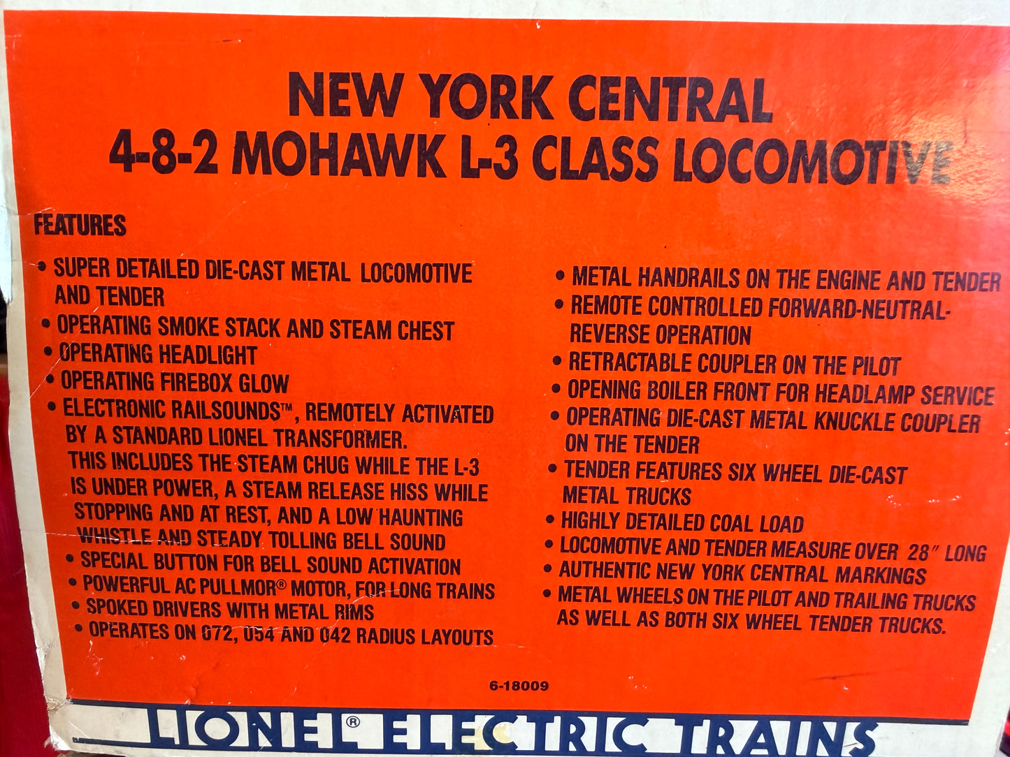 Lionel O SCALE 6-18009 NYC Mohawk 4-8-2 L-3 Steam Locomotive & Tender